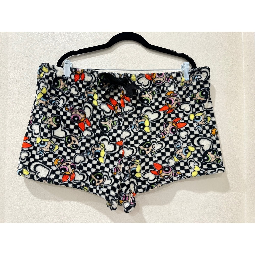Powerpuff Girls Checkered Fleece Pajama Shorts Womens 2XL Black and White Fleece